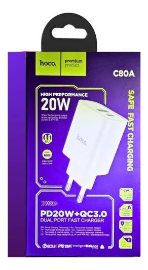 Cargador Hoco C80A PD 20W Dual USB-C + USB Blanco